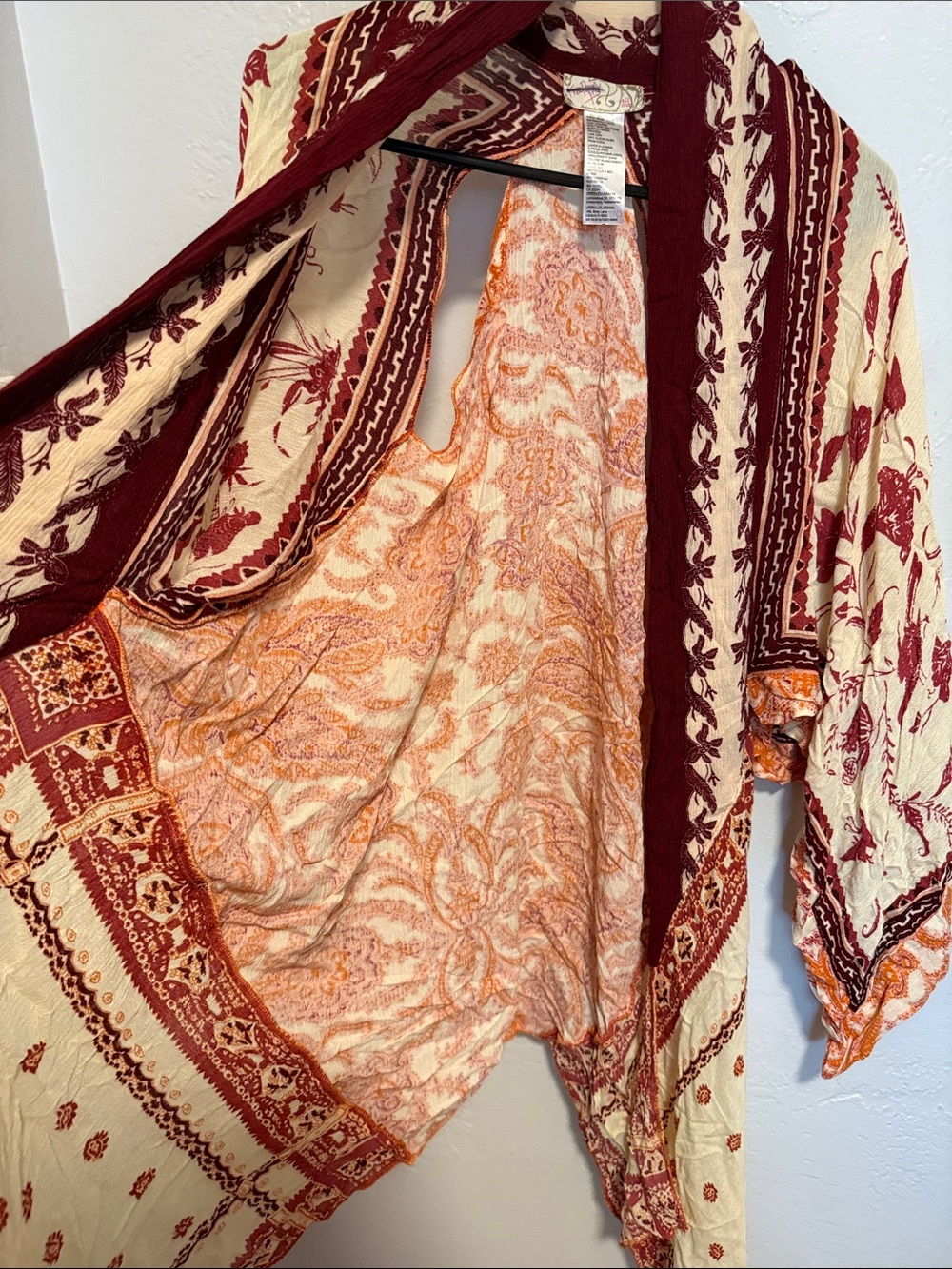 Free People Cream, Burgundy & Orange Boho Open-Front Kimono - Picture 6 of 7